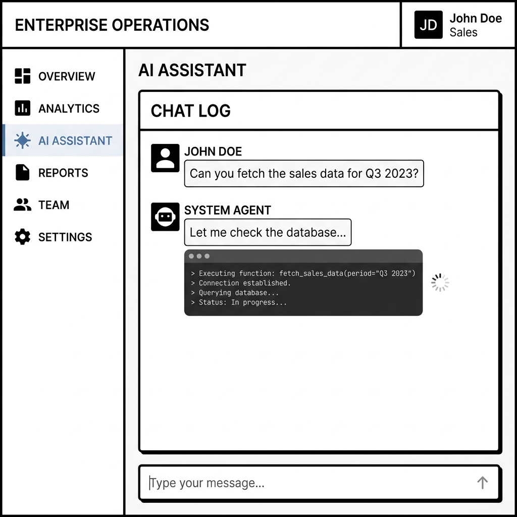 UI Dashboard Internal menampilkan AI Assistant yang sedang berinteraksi dengan pengguna. Terdapat blok terminal mini yang mengindikasikan bahwa AI sedang mengeksekusi fungsi fetch_sales_data secara internal