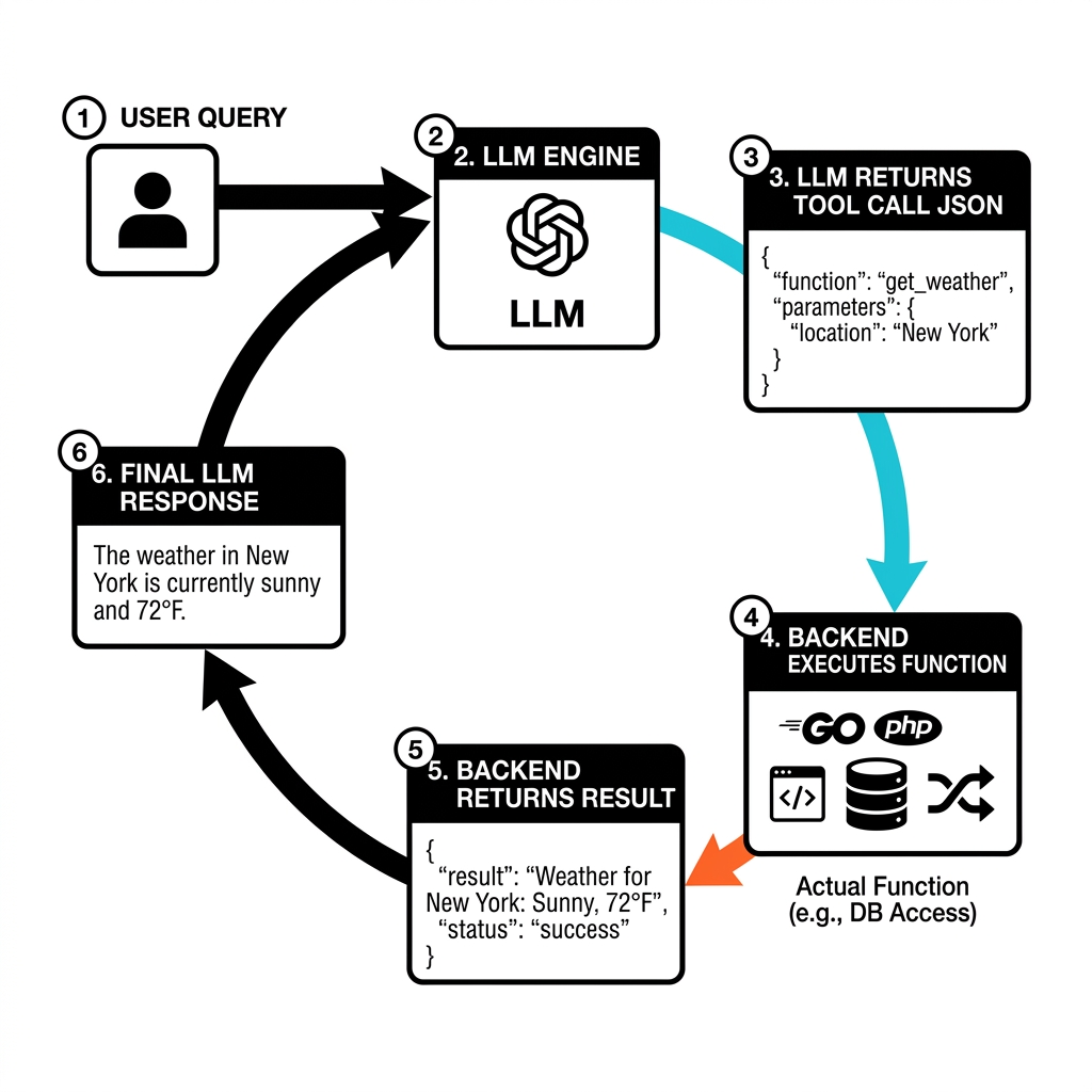 Diagram Arsitektur Function Calling AI Agent yang menampilkan siklus instruksi JSON dari LLM ke Backend lalu kembali ke LLM
