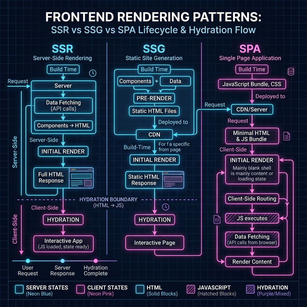 Cetak Biru Frontend Rendering Patterns: SSR vs SSG vs SPA Lifecycle & Hydration Flow