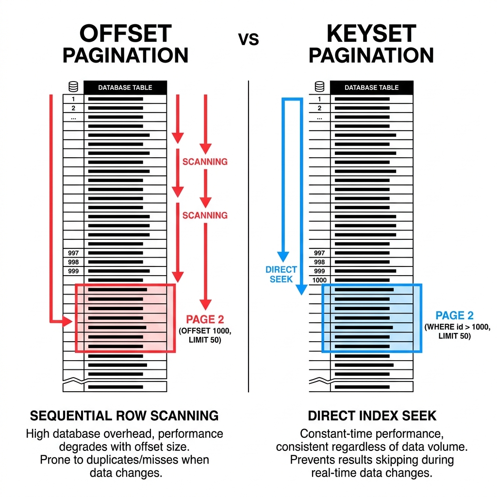 Perbandingan Arsitektur Database: OFFSET Pagination yang memindai baris secara sekuensial vs Keyset Pagination yang melompat langsung via indeks