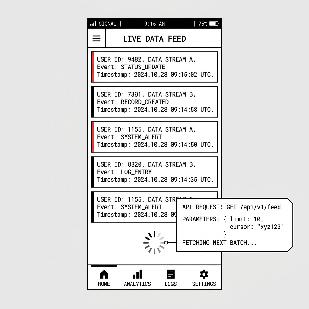 UI Infinite Scrolling pada aplikasi Mobile Feed yang sedang melakukan request API dengan payload kursor untuk mengambil bongkahan data berikutnya