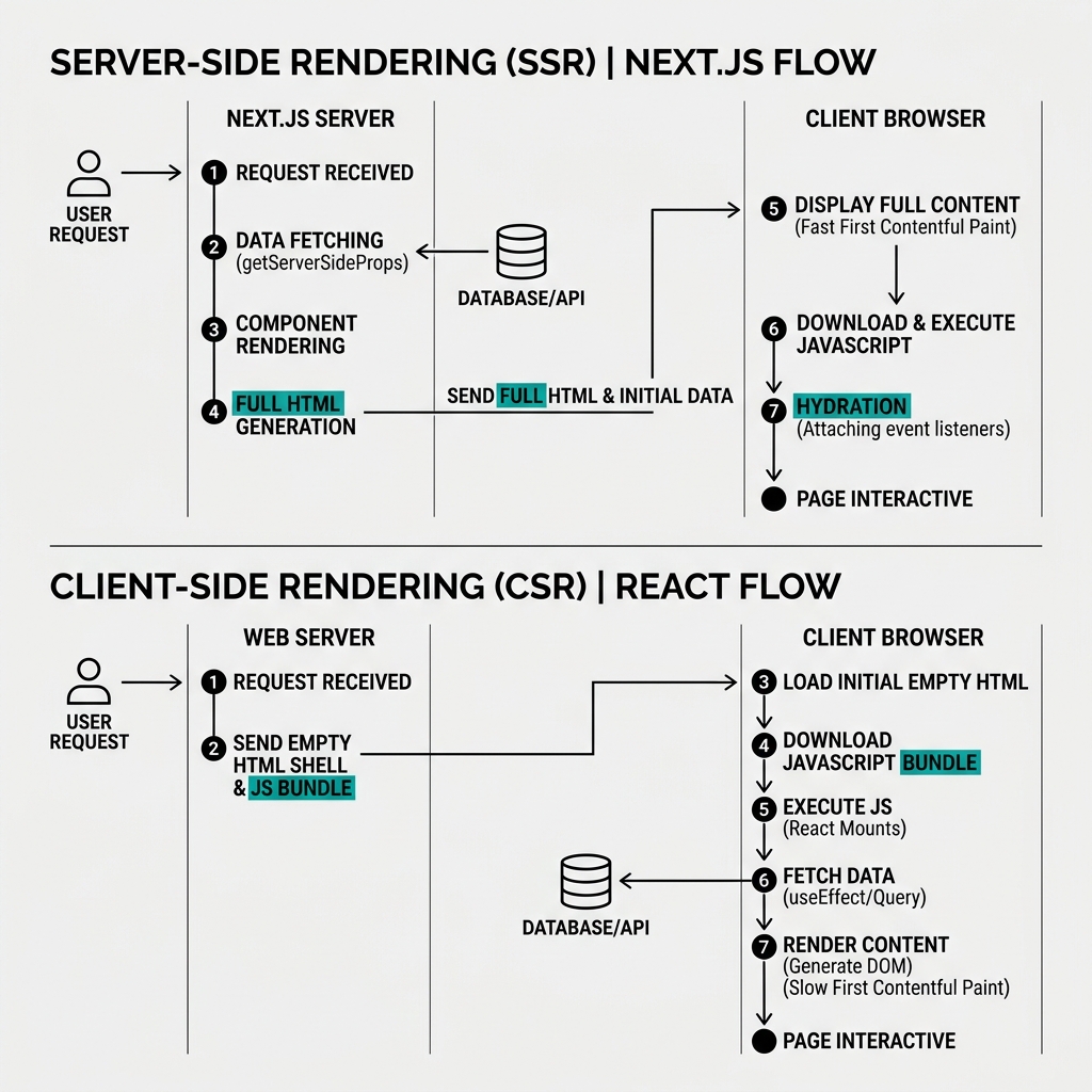 SSR vs CSR Architecture Flow in Next.js / React