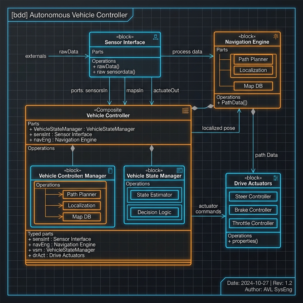 Cetak Biru SysML Block Definition Diagram - Autonomous Vehicle Controller