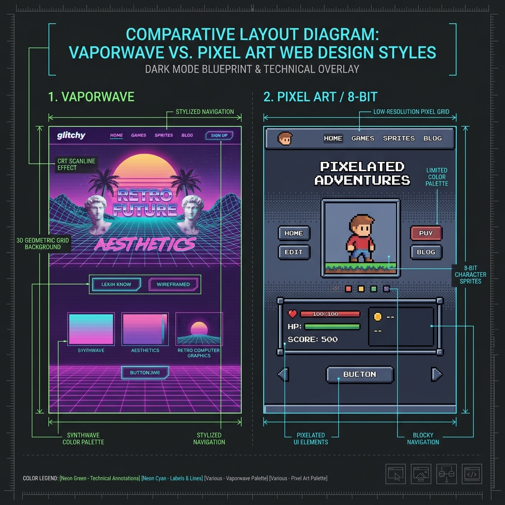 Cetak Biru Desain Retro Vaporwave vs Pixel Art