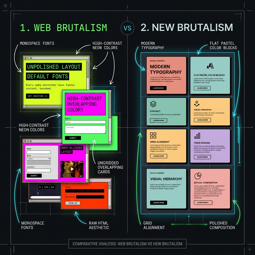 Cetak Biru Perbandingan Web Brutalism vs New Brutalism